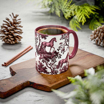 Horse cranberry toile ceramic mug styled on a table, lifestyle photo