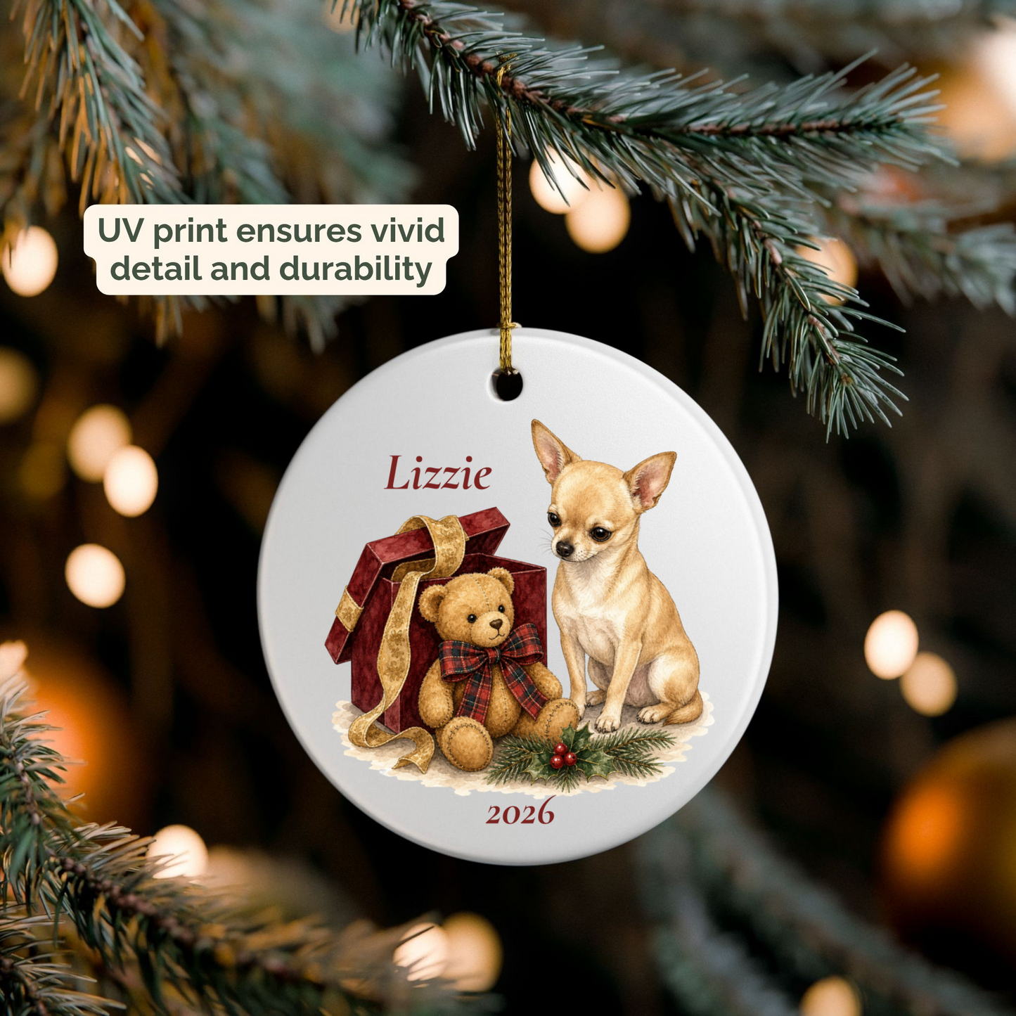 Personalized Chihuahua (Fawn) ornament hanging on a lit Christmas tree
