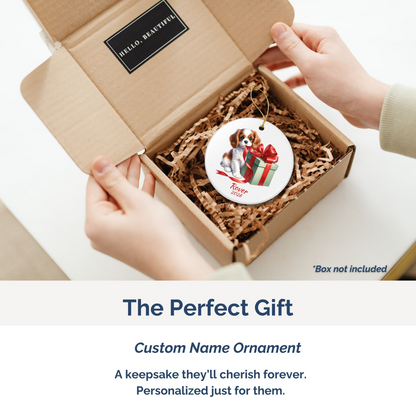 Blenheim Cavalier King Charles Spaniel personalized ornament packed in a gift mailer box