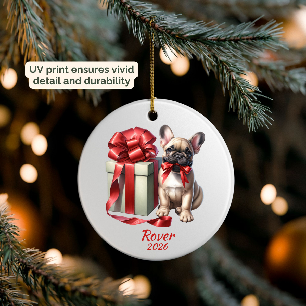 Personalized fawn French Bulldog ornament hanging on a lit Christmas tree