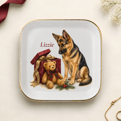 Personalized German Shepherd Christmas jewelry dish with gold rim