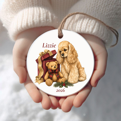 Personalized American Cocker Spaniel Christmas ornament held in cupped hands