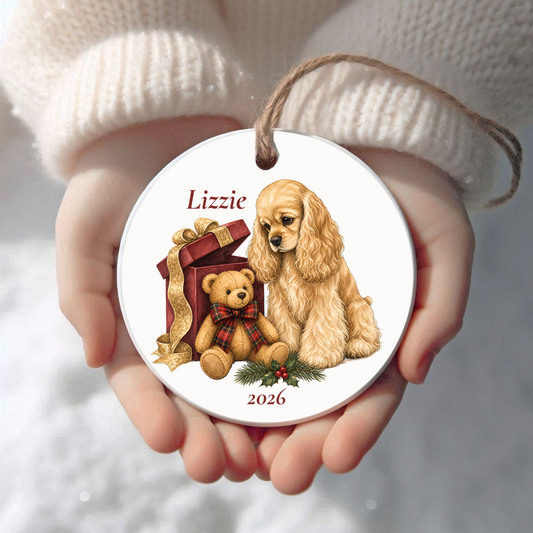 Personalized American Cocker Spaniel Christmas ornament held in cupped hands