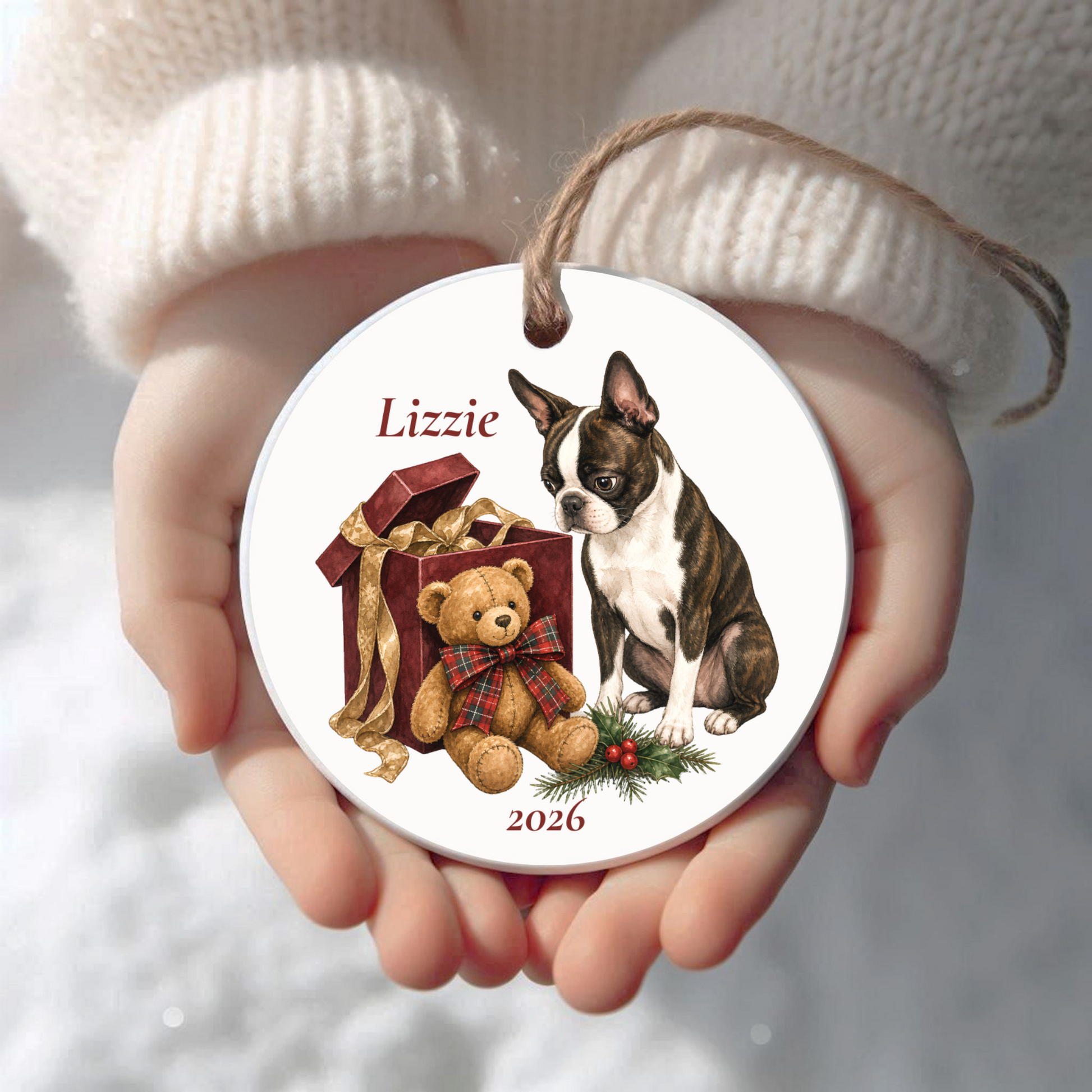 Personalized Boston Terrier (Brindle) Christmas ornament held in cupped hands