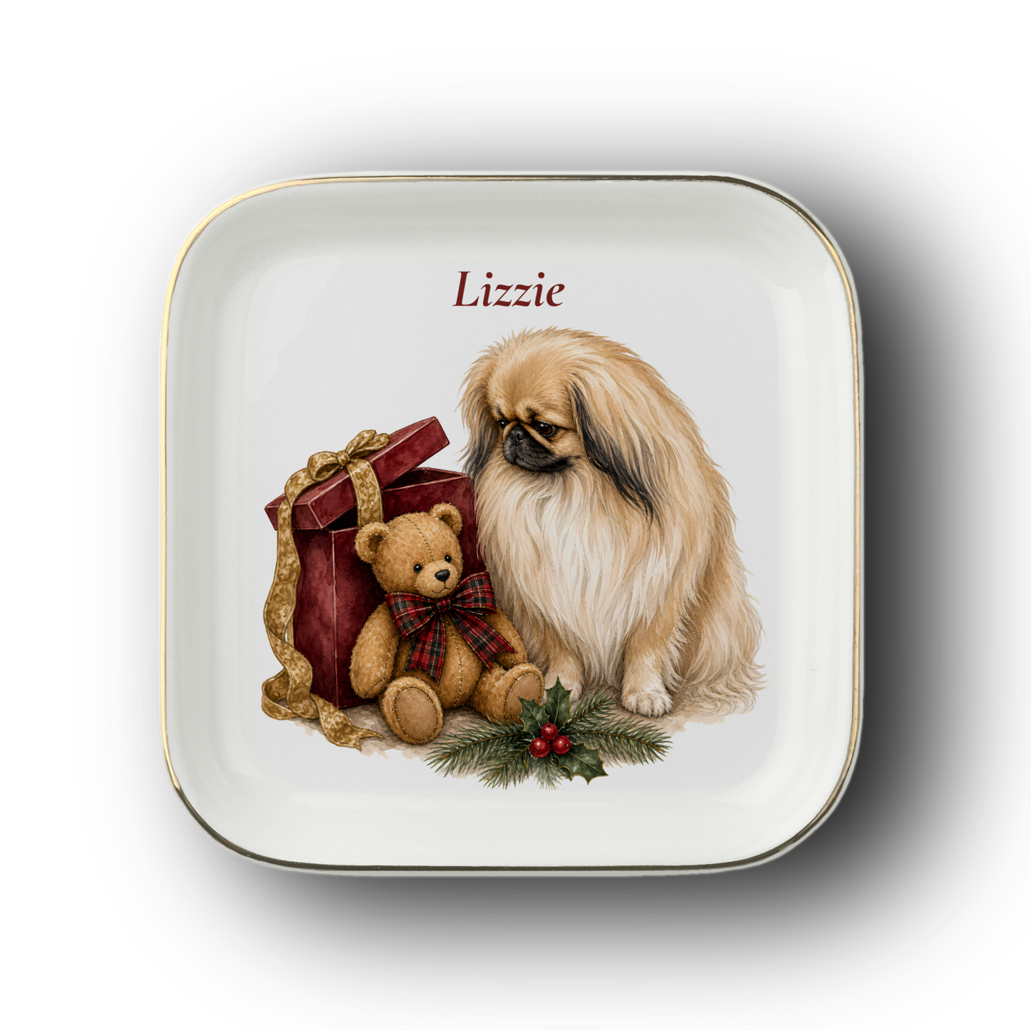 Pekingese jewelry dish on a white background