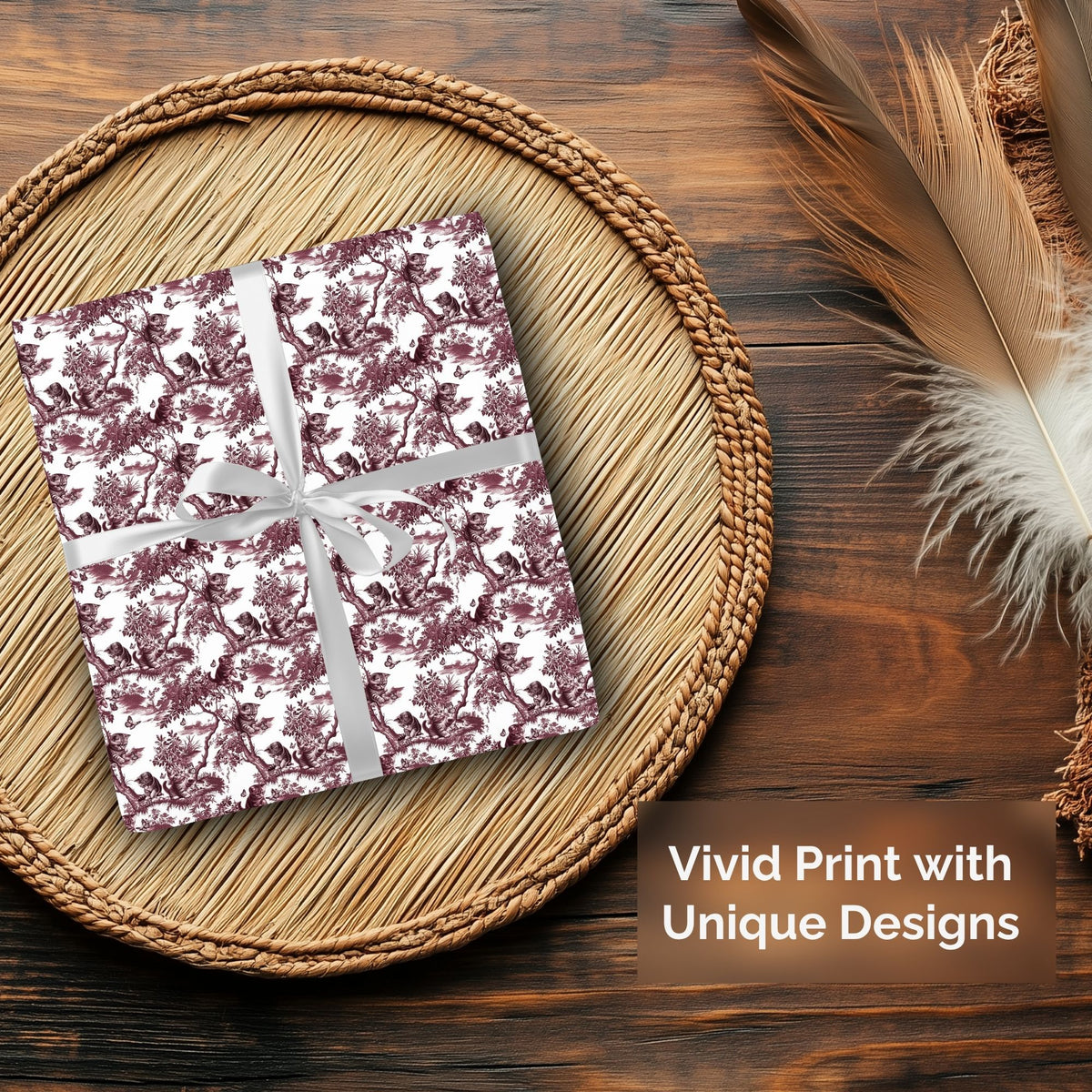 Cat cranberry garden toile Christmas wrapping paper