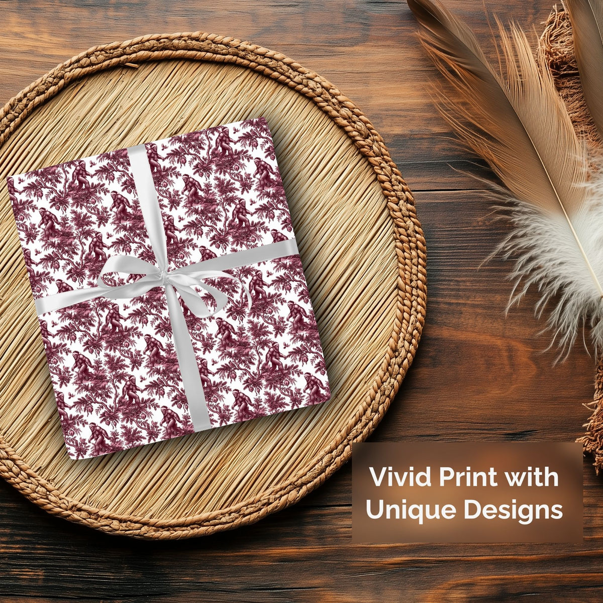 Bigfoot cranberry Christmas wrapping paper