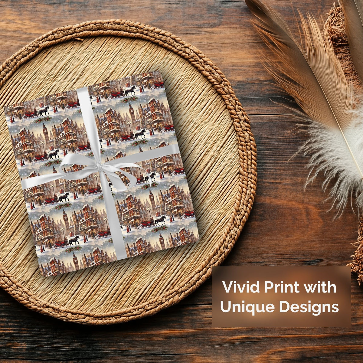 Vintage London horse and carriage Christmas wrapping paper