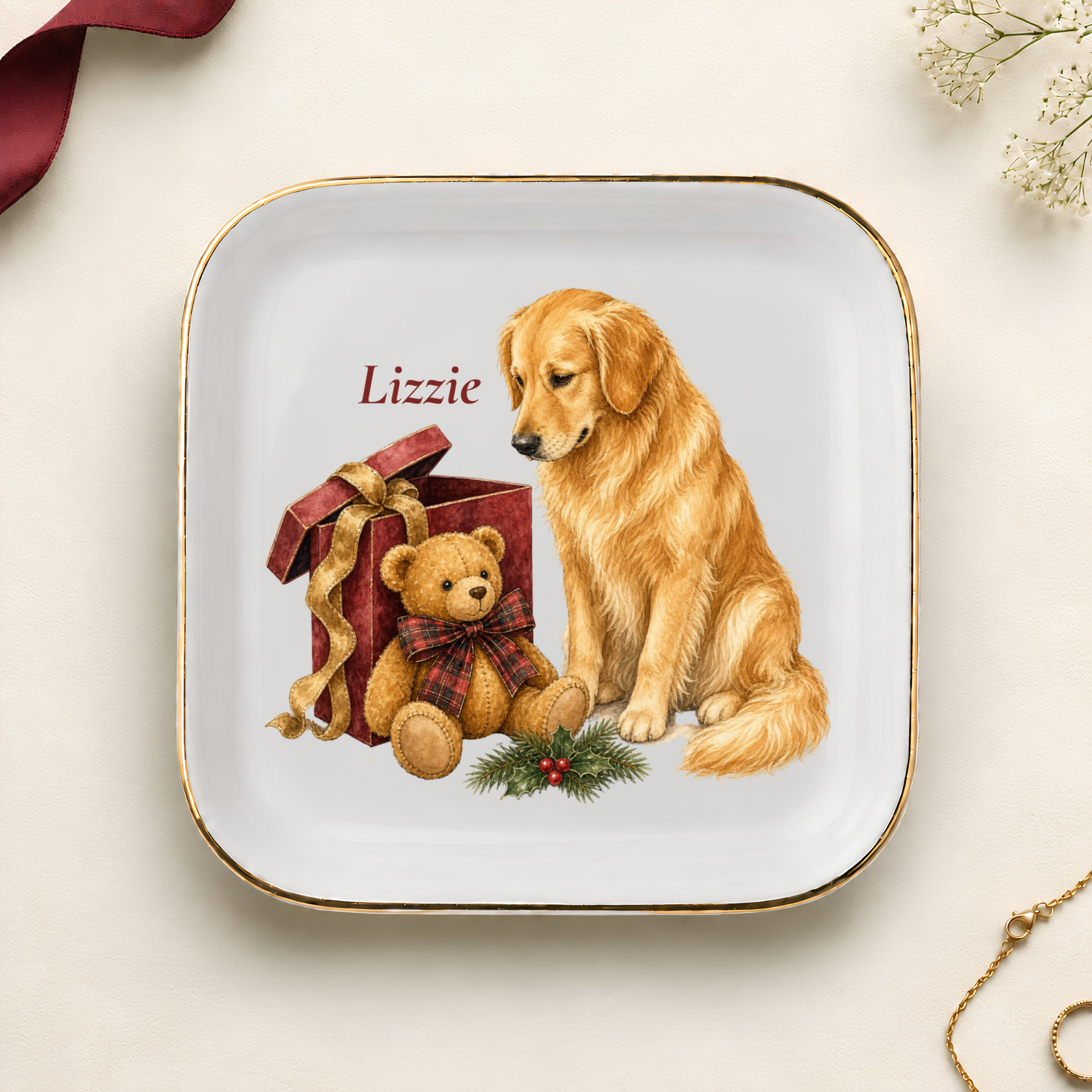 Personalized Golden Retriever Christmas jewelry dish with gold rim