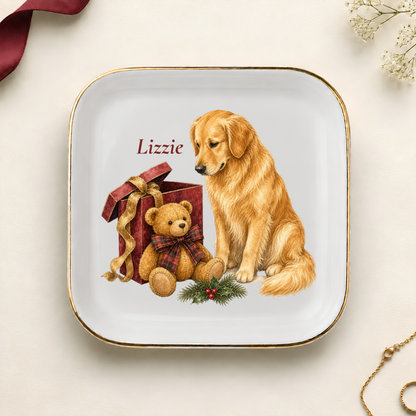 Personalized Golden Retriever Christmas jewelry dish with gold rim
