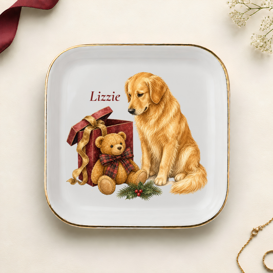 Personalized Golden Retriever Christmas jewelry dish with gold rim