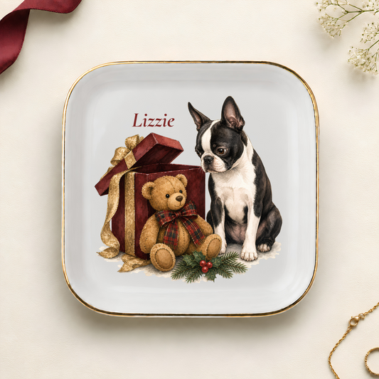 Personalized Boston Terrier Christmas jewelry dish with gold rim