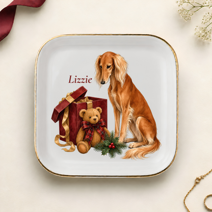 Personalized Saluki Christmas jewelry dish with gold rim