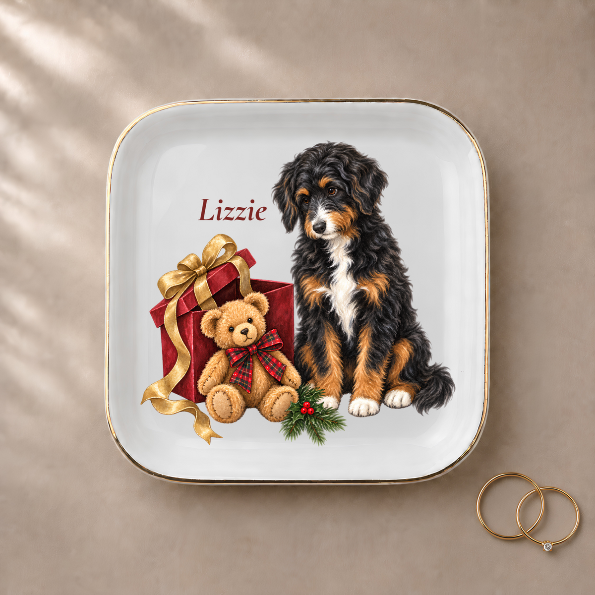 Aussiedoodle (Black Tricolor) Bear Necessities jewelry dish styled with gold rings and a personalized name