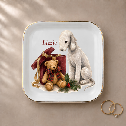 Bedlington Terrier jewelry dish styled with gold rings and a personalized name