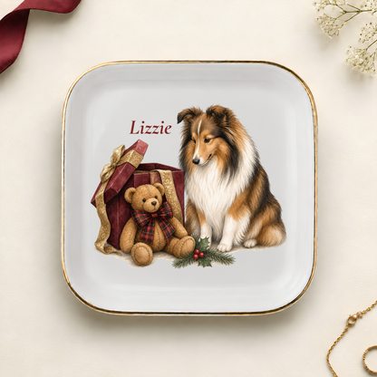 Personalized Shetland Sheepdog Christmas jewelry dish with gold rim
