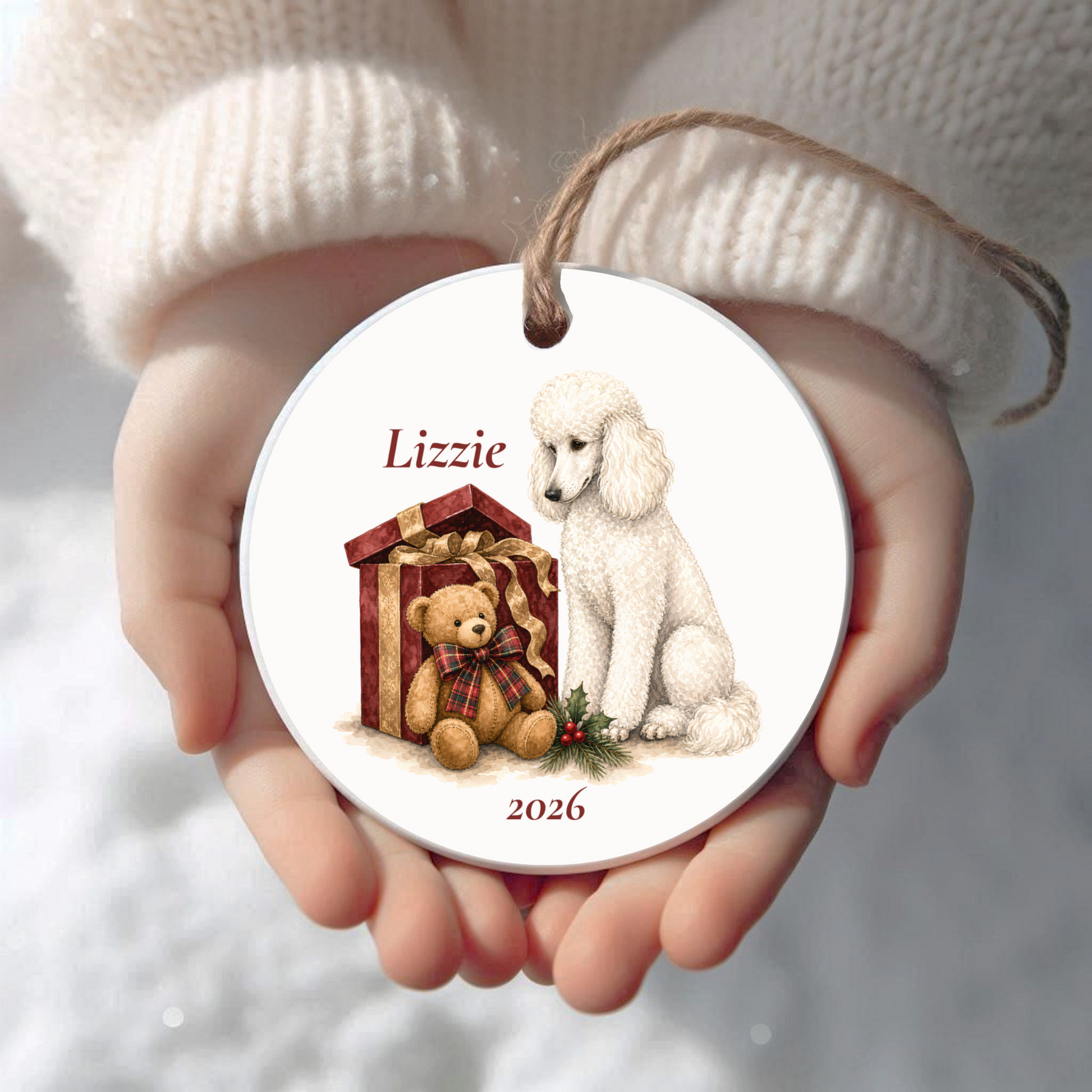 Personalized White Standard Poodle Christmas ornament held in cupped hands