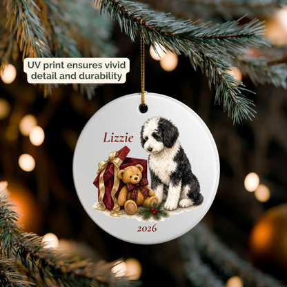 Personalized Sheepadoodle ornament hanging on a lit Christmas tree