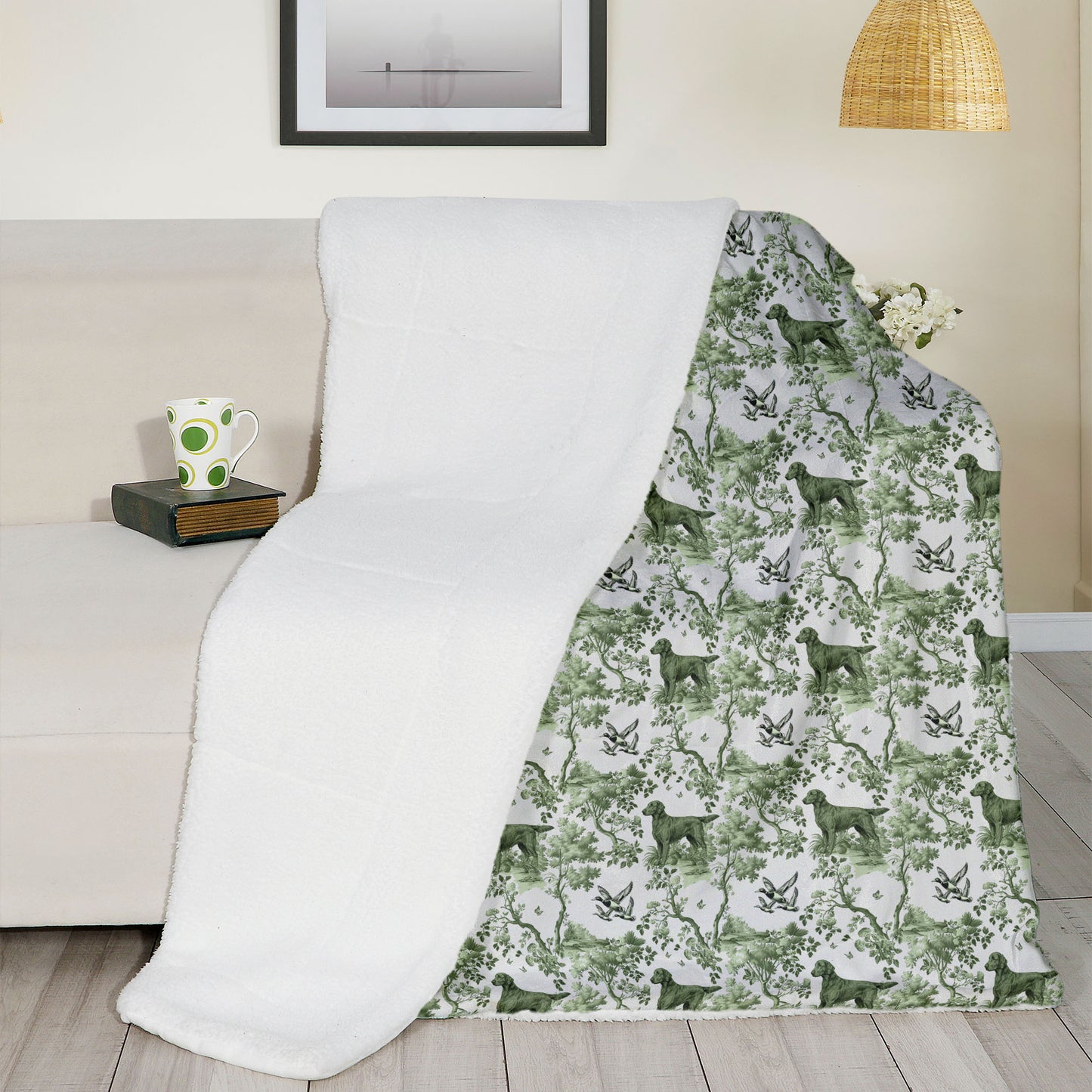 Flat-Coated Retriever Blanket - Sage Green Toile Pattern
