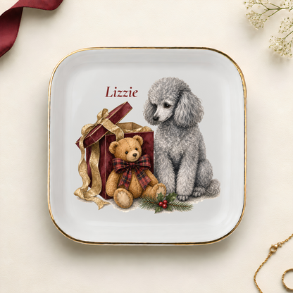 Personalized Miniature Poodle Christmas jewelry dish with gold rim