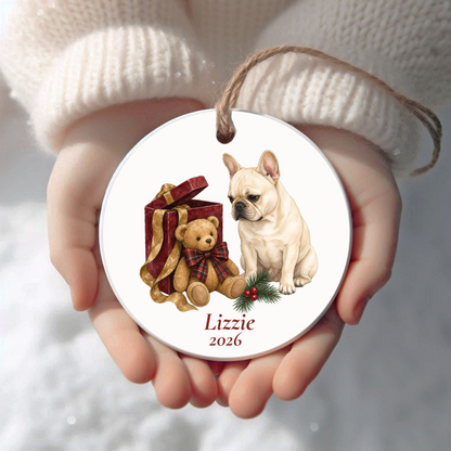 Personalized French Bulldog (Cream) Christmas ornament held in cupped hands