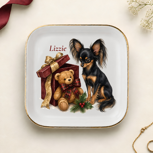 Personalized Russian Toy Christmas jewelry dish with gold rim