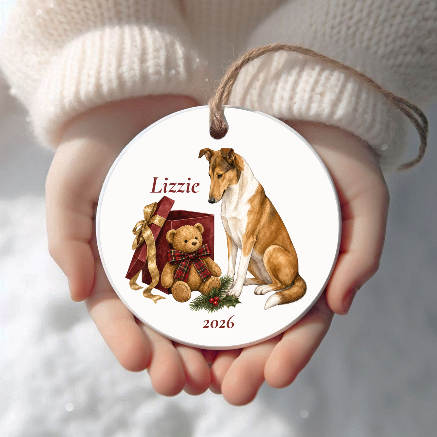 Personalized Smooth Collie Christmas ornament held in cupped hands