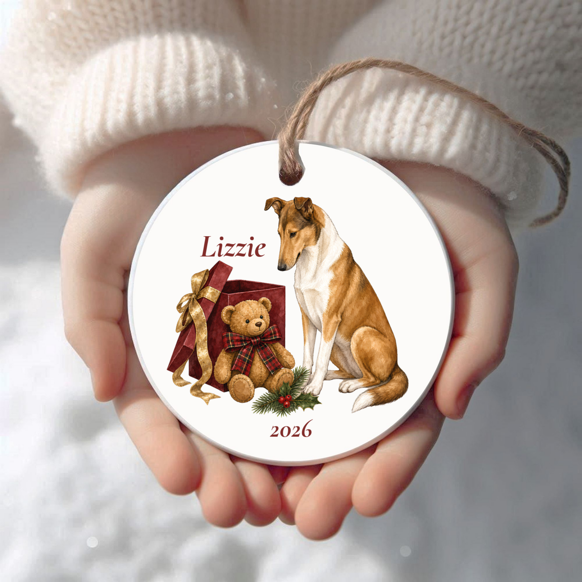 Personalized Smooth Collie Christmas ornament held in cupped hands
