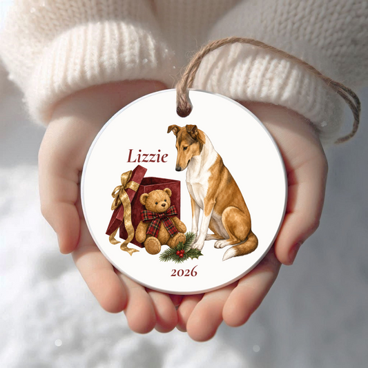 Personalized Smooth Collie Christmas ornament held in cupped hands