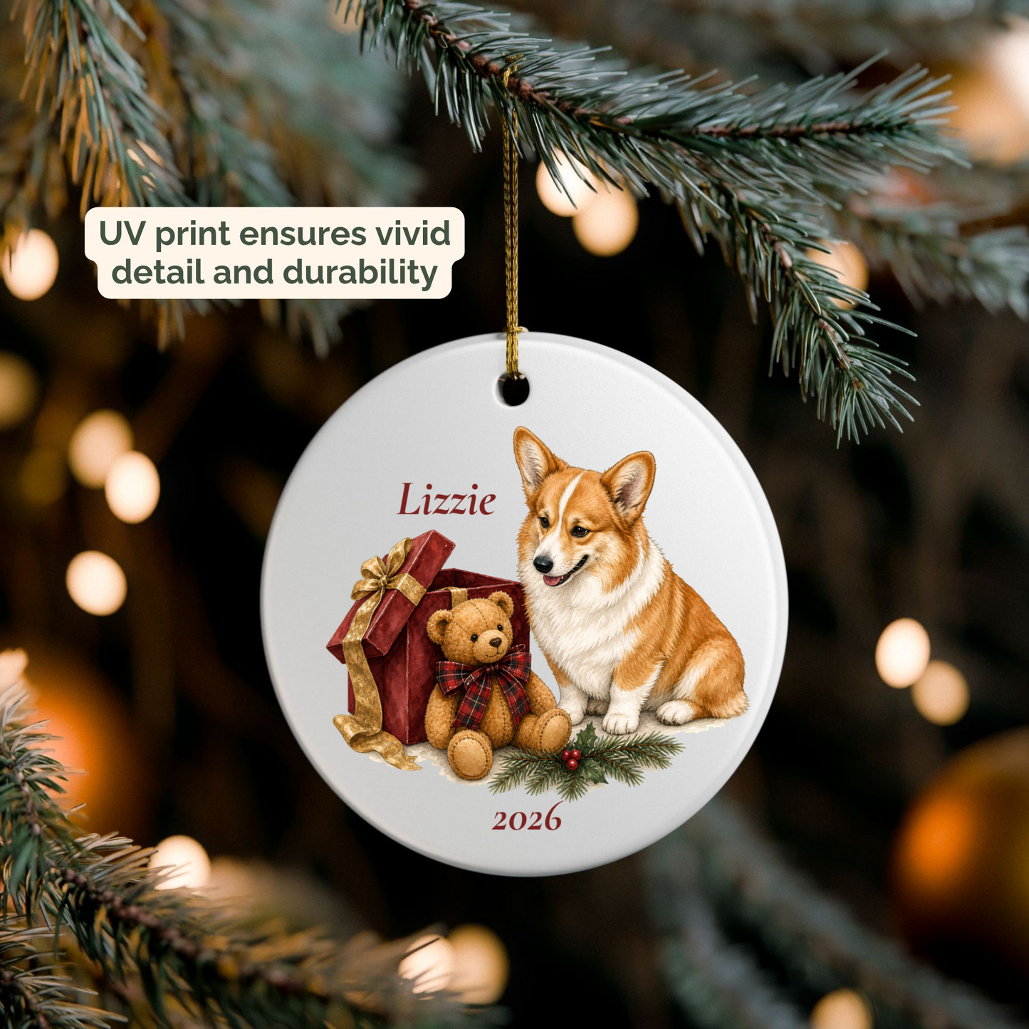 Personalized Pembroke Welsh Corgi ornament hanging on a lit Christmas tree