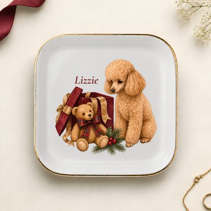 Personalized Miniature Poodle Christmas jewelry dish with gold rim