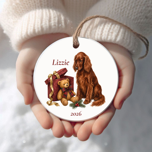 Personalized Irish Setter Christmas ornament held in cupped hands