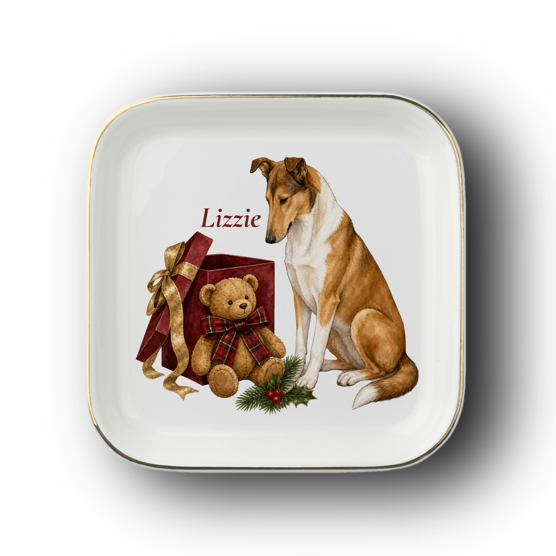 Smooth Collie jewelry dish on a white background