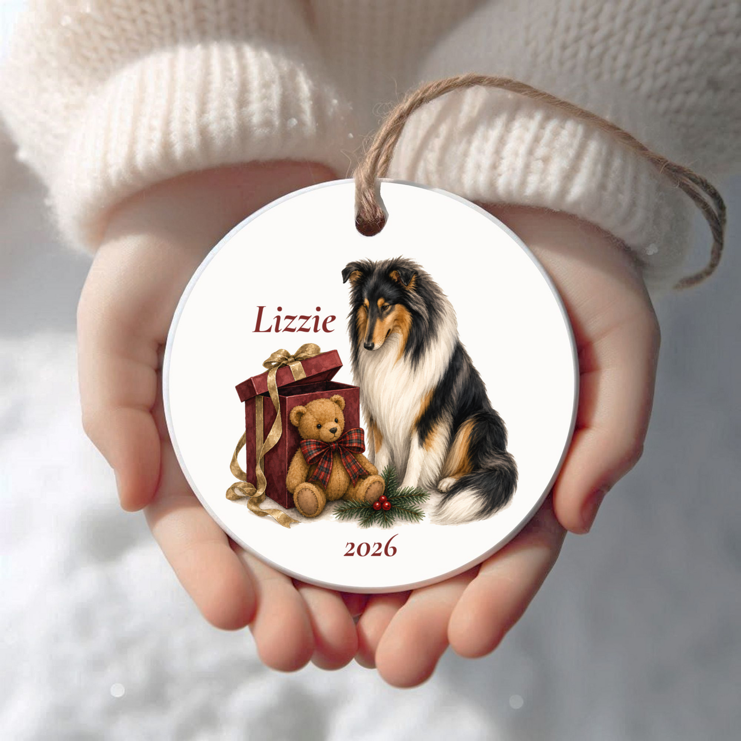 Personalized Rough Collie (Tricolor) Christmas ornament held in cupped hands