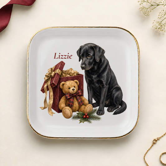 Personalized Labrador Retriever Christmas jewelry dish with gold rim