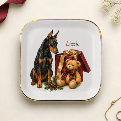 Personalized Doberman Christmas jewelry dish with gold rim