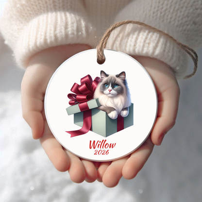 Personalized Ragdoll Cat Christmas ornament held in cupped hands