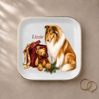 Rough Collie jewelry dish styled with gold rings and a personalized name
