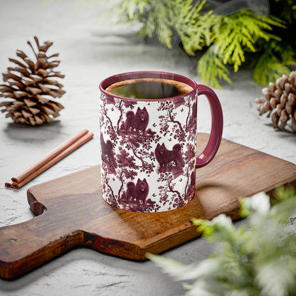 Schipperke petite cranberry toile ceramic mug styled on a table, lifestyle photo