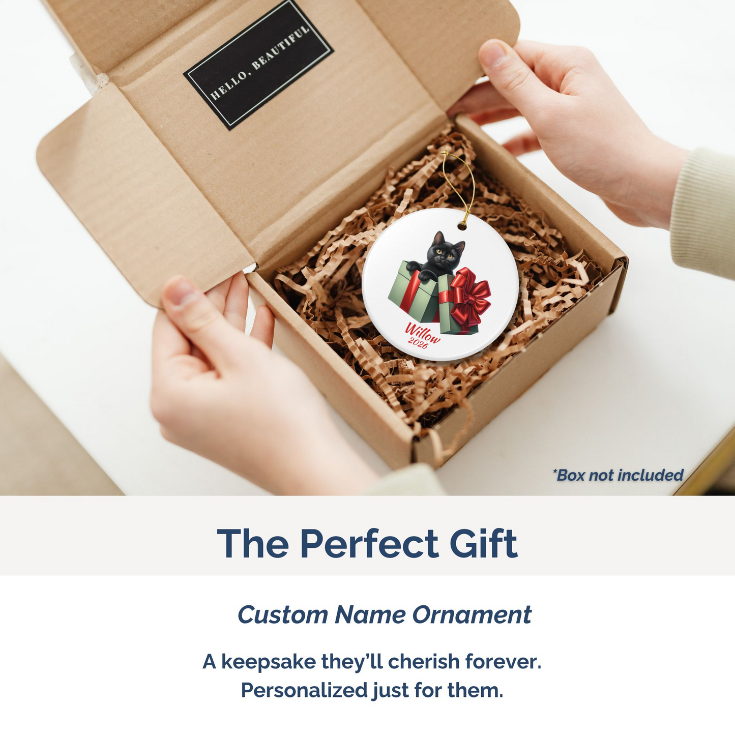 Black Cat personalized ornament packed in a gift mailer box