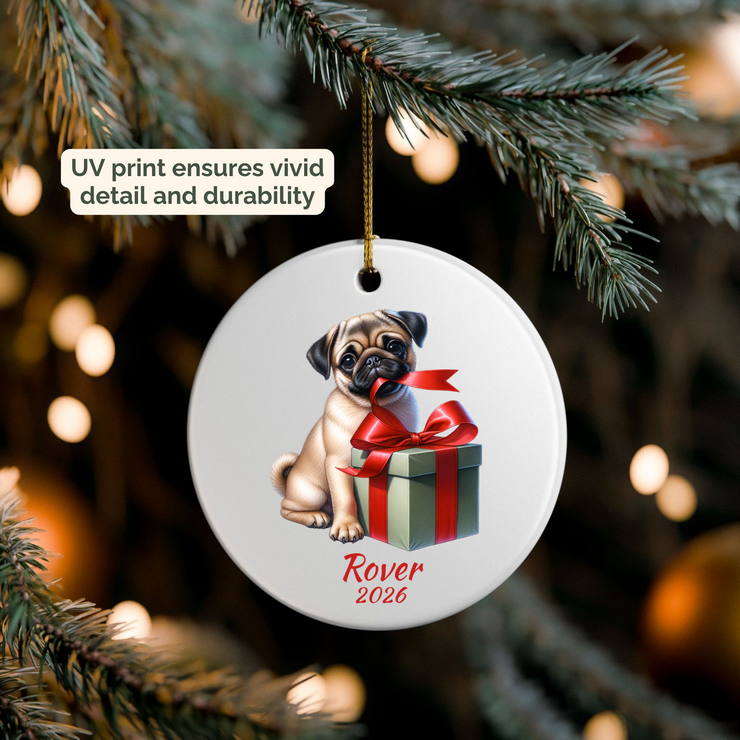 Personalized fawn Pug ornament hanging on a lit Christmas tree