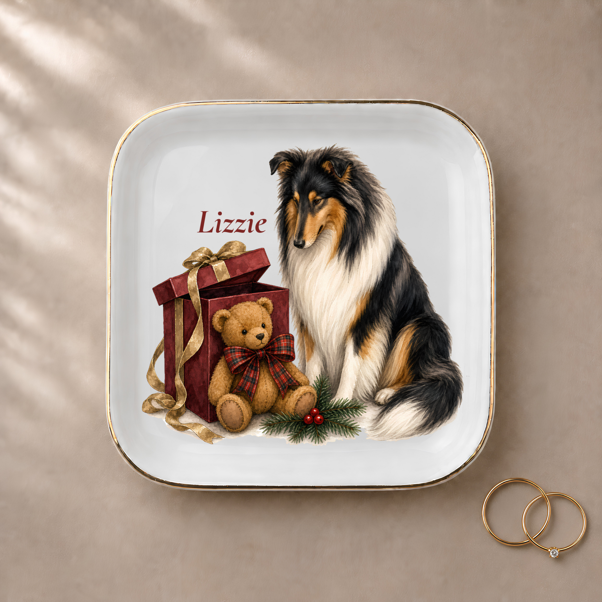 Rough Collie jewelry dish styled with gold rings and a personalized name