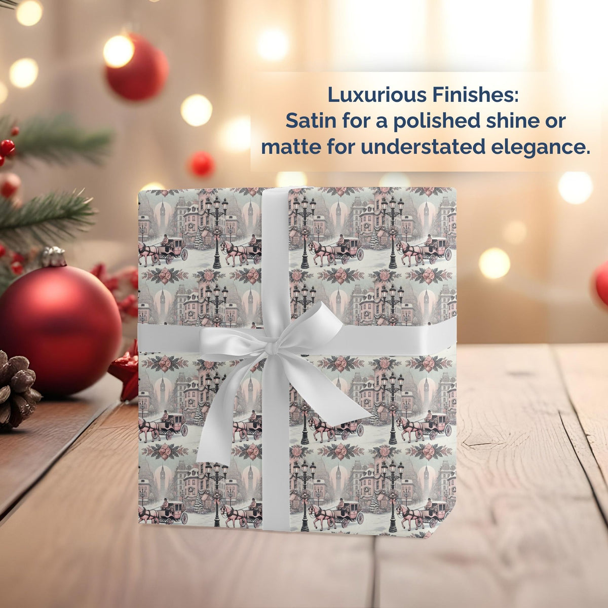 Pastel Paris horse and carriage Christmas wrapping paper