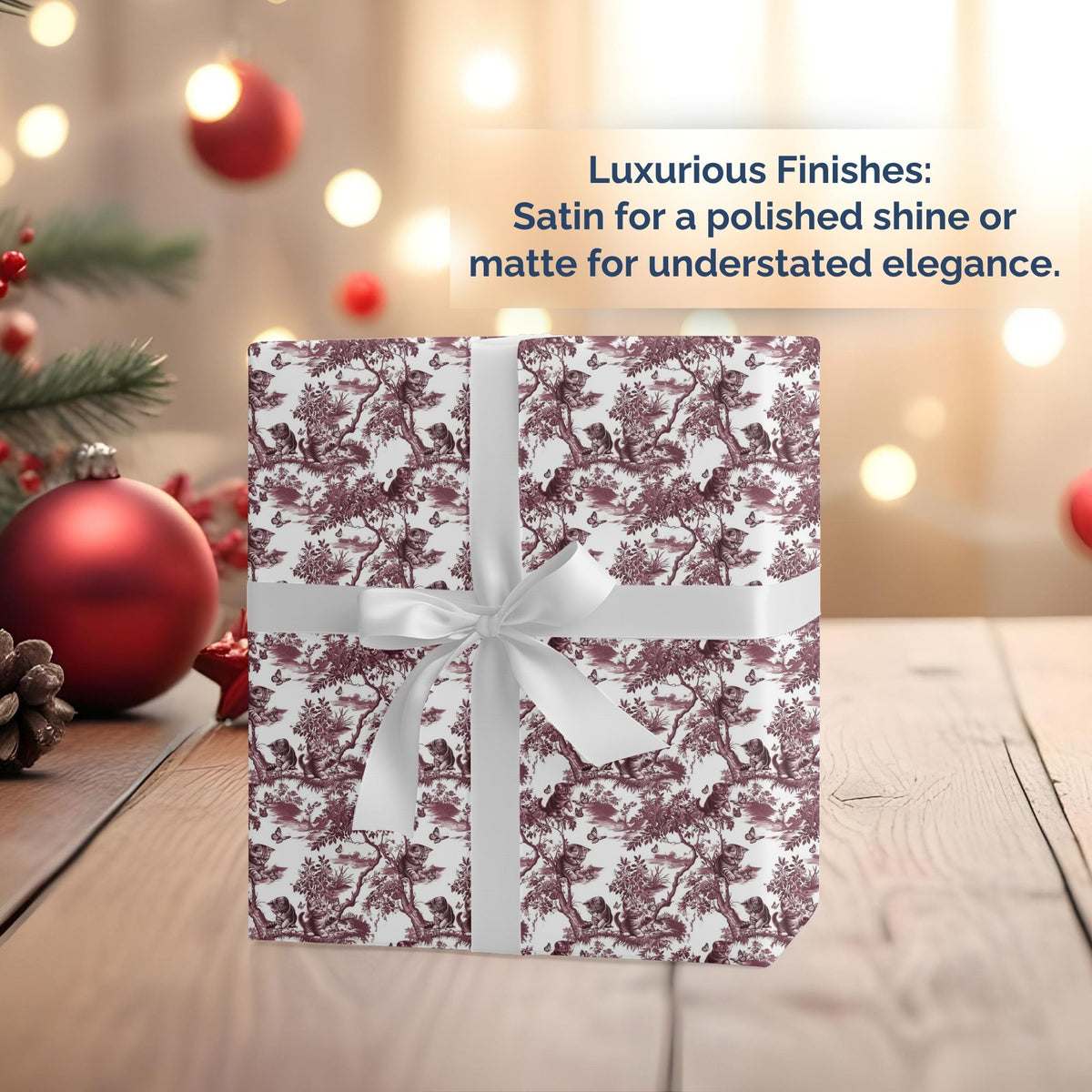 Cat cranberry garden toile Christmas wrapping paper