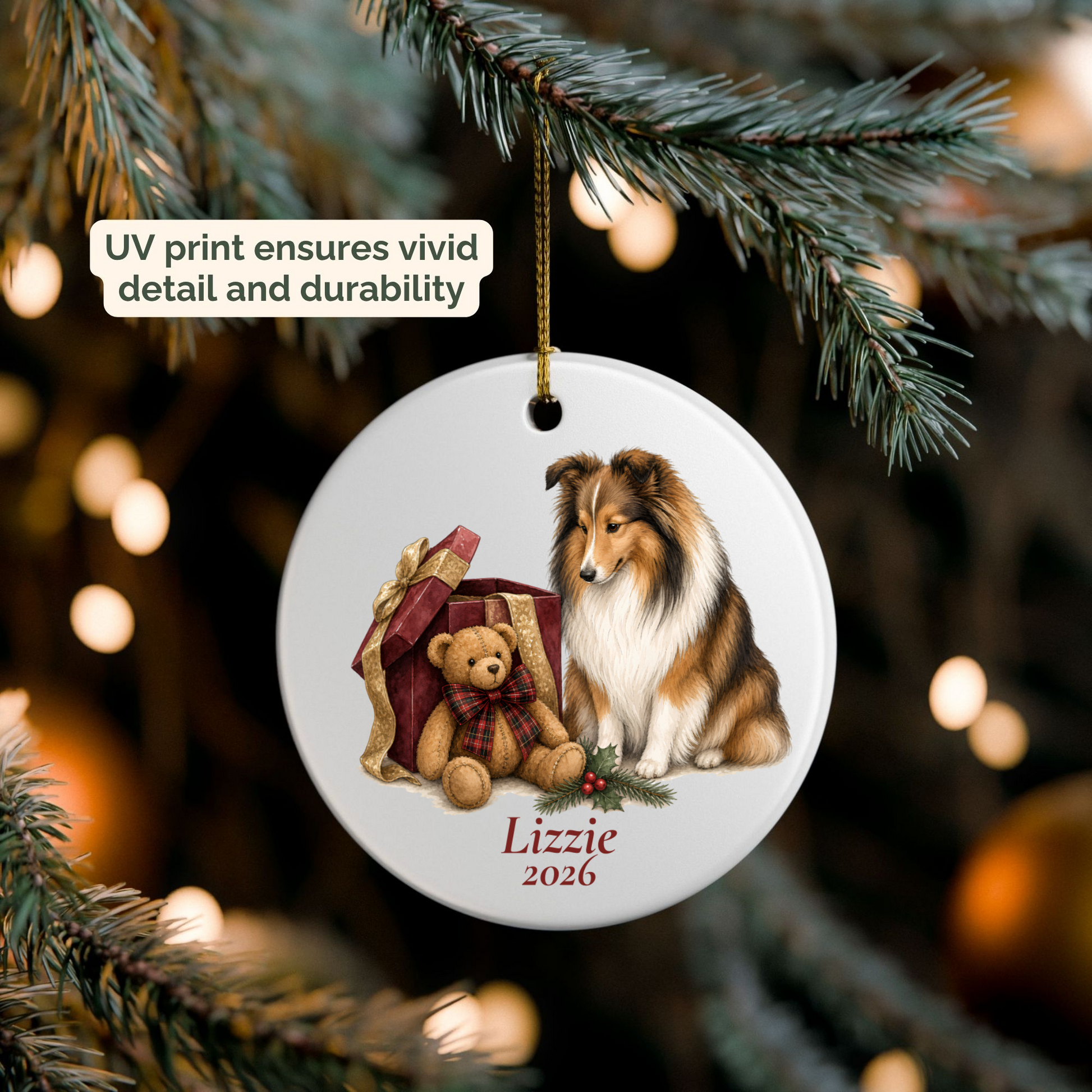 Personalized Shetland Sheepdog ornament hanging on a lit Christmas tree
