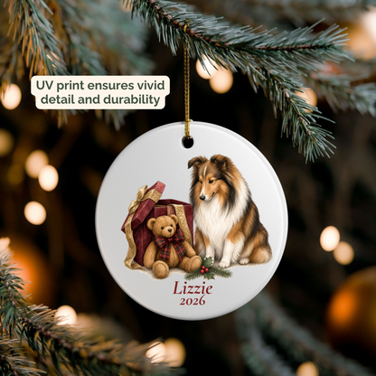 Personalized Shetland Sheepdog ornament hanging on a lit Christmas tree