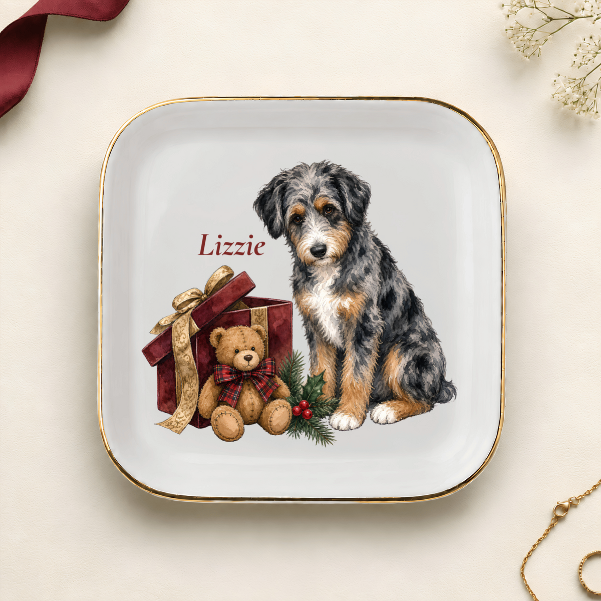 Personalized Aussiedoodle (Blue Merle) Bear Necessities Christmas jewelry dish with gold rim