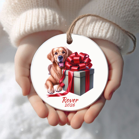 Personalized Golden Retriever Christmas ornament held in cupped hands