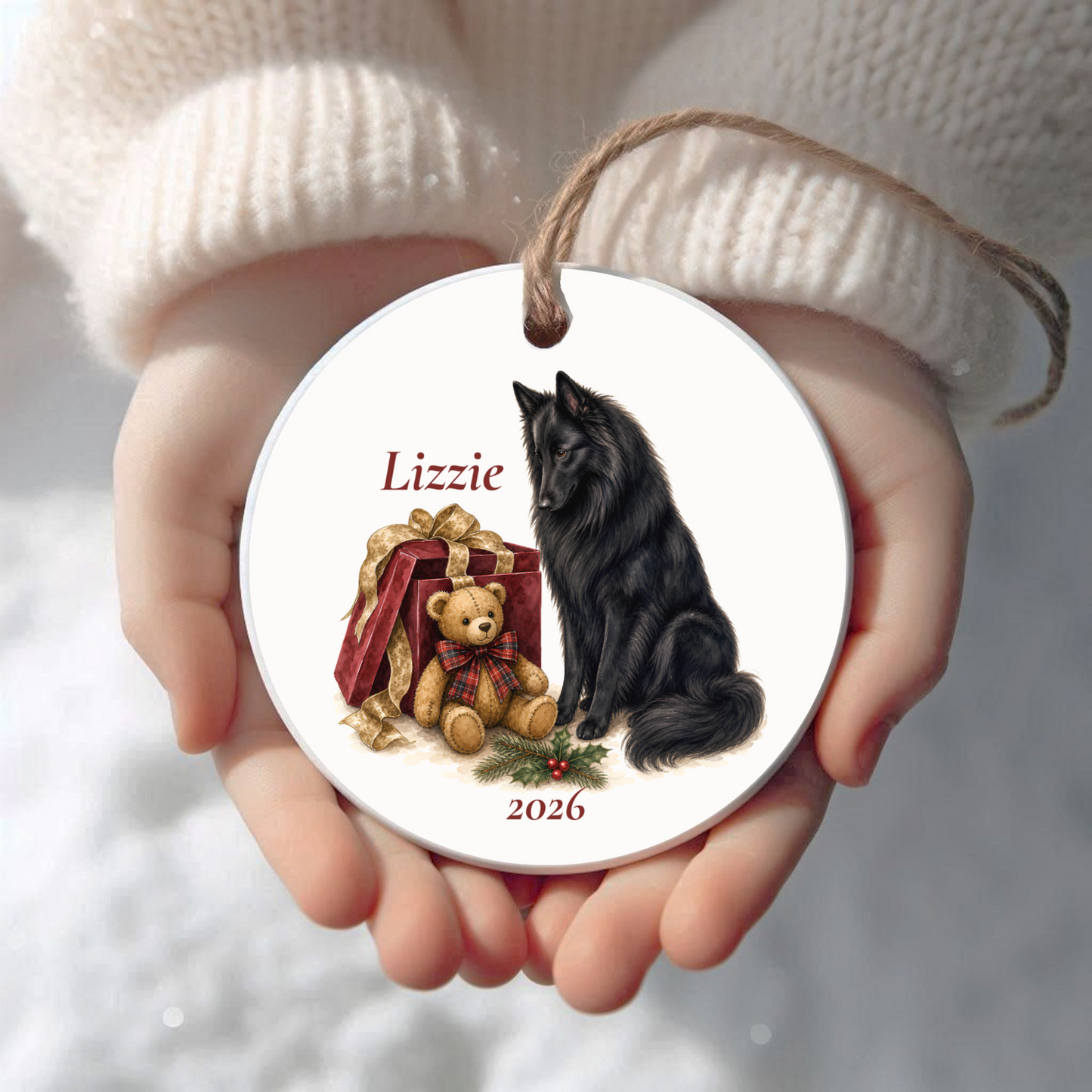 Personalized Belgian Sheepdog (Groenendael) Christmas ornament held in cupped hands