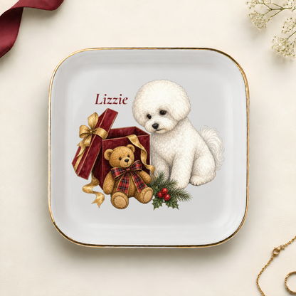 Personalized Bichon Frise Christmas jewelry dish with gold rim